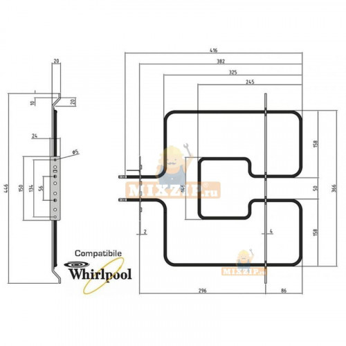 Тэн (нагревательный элемент для плиты Whirlpool 1400w 480121104179