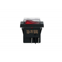 Выключатель BIPOLAR RED LIGHT SWITCH 20A 6,3mm (Series: SX82. 20A, 250V. Faston connection: 6,3x0,8mm. Red switch with white serigraphy 0/1, waterproof cap. Size: 22x30mm. 4 contacts.) зам.SWT733UN