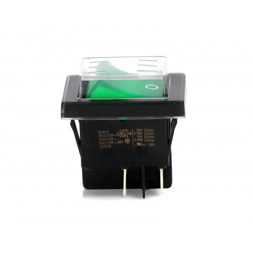 Выключатель BIPOLAR GREEN LIGHT SWITCH 20A (Series: SX82. 16A, 125V / 20A, 250V. Faston connection: 6,3x0,8mm. Green switch with white serigraphy 0/1, waterproof cap. Size: 22x30mm.) зам.